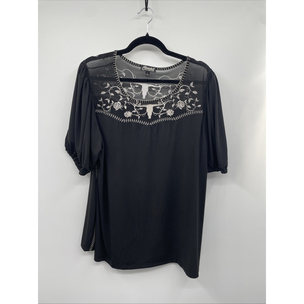 Cowgirl Hardware Top Women's XL Black Skull & Roses Embroidered Mesh Preppy NWT